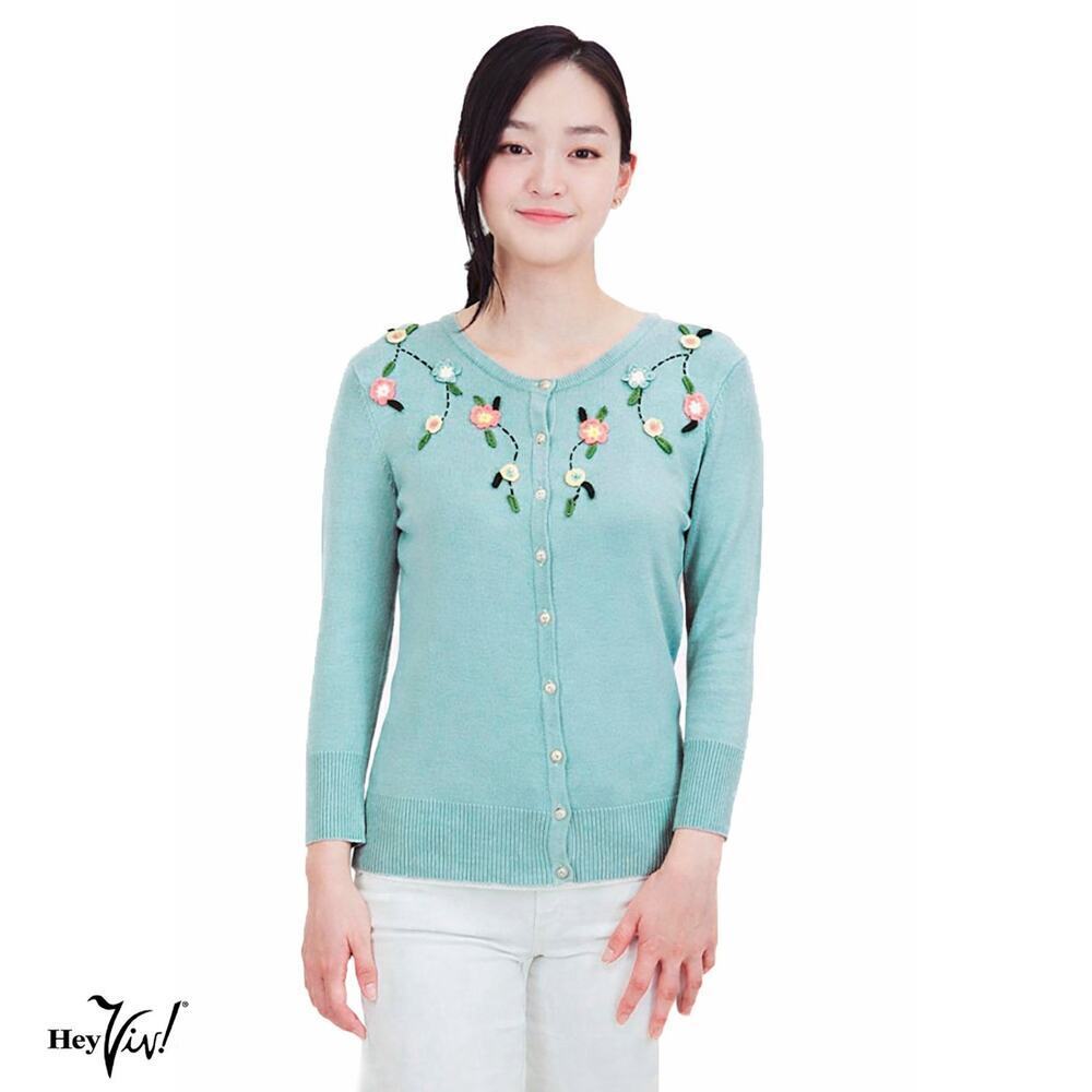 Aqua Green Button Up Cardigan Sweater w Crocheted Flowers Size Medium Hey Viv
